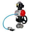 Кран шаровой DN.ru BV3232P(4pc)-SP-3WL-T-ISO-H WDVF Ду32 Ру63 стандартнопроходной, 3-ходовой L-тип, внутренняя резьба, с пневмоприводом PA-DA-083, пневмораспределителем 4V320-08 AC220V, БКВ APL-510N EX и ручным дублером MON1-250-T26-ISO