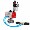 Кран шаровой DN.ru BV3232P(4pc)-SP-3WT-T-ISO-H WDVF Ду25 Ру63 стандартнопроходной, 3-ходовой Т-тип, внутренняя резьба, нержавеющая сталь AISI 316, PTFE, с пневмоприводом PA-DA-065, пневмораспределителем 4V320-08 AC220V и БПВ AFC2000
