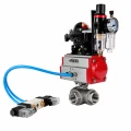 Кран шаровой DN.ru BV3232P(4pc)-SP-3WT-T-ISO-H WDVF Ду25 Ру63 стандартнопроходной, 3-ходовой Т-тип, внутренняя резьба, нержавеющая сталь AISI 316, PTFE, с пневмоприводом PA-DA-065, пневмораспределителем 4V320-10 AC220V, БКВ APL-210N и БПВ AFC2000