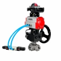 Кран шаровой DN.ru BV3232P(4pc)-SP-3WT-T-ISO-H WDVF Ду25 Ру63 стандартнопроходной, 3-ходовой Т-тип, внутренняя резьба, с пневмоприводом PA-DA-065, пневмораспределителем 4V320-08 AC220V, БКВ APL-210N и ручным дублером MON1-250-T26-ISO