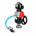 Кран шаровой DN.ru BV3232P(4pc)-SP-3WT-T-ISO-H WDVF Ду25 Ру63 стандартнопроходной, 3-ходовой Т-тип, внутренняя резьба, с пневмоприводом PA-DA-065, пневмораспределителем 4V320-10 AC220V, БКВ APL-510N EX и ручным дублером MON1-250-T26-ISO
