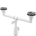 Сифон для кухонной мойки с двумя чашами бутылочный Alca Plast A453P 3 1/2″х40/50 с отводом (штуцером), с нержавеющей решеткой