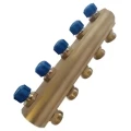 Коллектор Апогей КЛМ25-50-34-C 1″ Ду25 Ру10 выходов 2, присоединение - наружная резьба 3/4″, межосевое расстояние 50 мм, под евроконус с запорными клапанами, корпус-латунь, цвет-синий