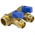 Коллектор Aquasfera 9025-03 3/4″ Ду20 Py16 выходов 4x1/2″ с шаровыми синими кранами внутренняя/наружная резьба, выходы наружная резьба, корпус латунь, с межосевым расстоянием выходов 35 мм