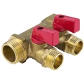 Коллектор Aquasfera 9026-01 3/4″ Ду20 Py16 выходов 2x1/2″ с шаровыми красными кранами внутренняя/наружная резьба, выходы наружная резьба, корпус латунь, с межосевым расстоянием выходов 35 мм