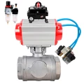 Краны шаровые DN.ru BV3232P(4pc)-SP-3WL-T-ISO-H WDVF Ду40-65 Ру63/40 стандартнопроходные, 3-ходовые L-тип, внутренняя резьба, нержавеющая сталь AISI 316, PTFE, с пневмоприводом PA-SA, пневмораспределителем 4V320-08 220В,БКВ APL-410N EX и БПВ AFC2000