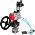 Кран шаровой DN.ru BV3232P(3pc)-FP-W-ISO-H WDVF Ду25 Ру63 полнопроходной, трехсоставной, нержавеющая сталь 316, уплотнение - PTFE, под приварку, с пневмоприводом PA-DA-052, пн.распределителем 4V320-10 220В, ручным дублером MON1-250-T26-ISO, БПВ AFC2000