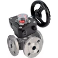 Кран шаровой DN.ru BV3232P(4pc)-FP-3WL-F-ISO-H Ду65 Ру16 полнопроходной трехходовой, нержавеющая сталь SS316, фланцевый, уплотнение - PTFE, с редуктором DN.ru HGB RQN2-320Z