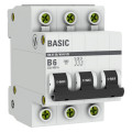 Автоматический выключатель трехполюсный EKF Basic ВА47-29 3P 6А (B) 4.5kА, сила тока 6 А, тип расцепления B, отключающая способность 4.5 kА
