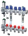 Коллекторная группа FAR FK3581 для теплых полов Ду25-4х1/2″ Ру10, с подающими запорно-балансировочными клапанами и расходомерами, обратными терморегулирующими клапанами, с 4-мя выходами Ду15 Eurokonus, выходы наружная резьба, корпус латунь