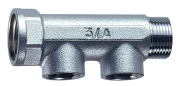 Коллектор нерегулируемый FAR FK 3475 Ду20-2х1/2″ Ру10, наружная/внутренняя резьба с 2-мя выходами Ду15, выходы наружная резьба с плоским уплотнением, проходной, корпус латунь