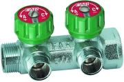 Коллектор регулирующий FAR Multifar FK3821 Ду25-2х1/2″ Ру10, наружная/внутренняя резьба с 2-мя выходами Ду15, выходы наружная резьба с плоским уплотнением, проходной, корпус латунь
