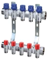 Коллекторная группа FAR FK 3981 Ду25-2х3/4″ Ру6, с подающими запорно-балансировочными клапанами и расходомерами, обратными терморегулирующими клапанами, с 2-мя выходами Ду20 Eurokonus, выходы наружная резьба, корпус латунь