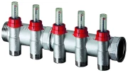 Коллектор FAR FK 3980 Ду20-2х3/4″ Ру6, наружная/внутренняя резьба,с запорно-балансировочными клапанами и расходомерами, с 2-мя выходами Ду20 Eurokonus, выходы наружная резьба, корпус латунь