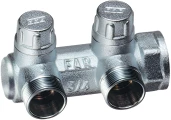 Коллектор запорно-балансировочный FAR Multifar FK3859 Ду20-2х1/2″ Ру10, внутренняя резьба с 2-мя выходами Ду15 Eurokonus, выходы наружная резьба, концевой, корпус латунь