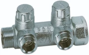 Коллектор запорно-балансировочный FAR Multifar FK3870 Ду20-2х1/2″ Ру10, наружная/внутренняя резьба с 2-мя выходами Ду15 Eurokonus, выходы наружная резьба, проходной, корпус латунь