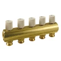 Коллектор Giacomini R553VY047 1″ Ду25 Py10 выходов 7x3/4″ под евроконус с термостатическими клапанами внутренняя резьба, выходы наружная резьба, корпус латунь, с межосевым расстоянием выходов 50 мм