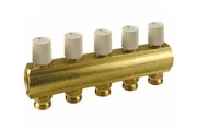 Коллектор латунный GIACOMINI R553V 1 1/4″ Ду32 Ру10 ВР на 2 выхода НР под адаптер с базой 18мм межосевое расстояние 50мм с термостатическими клапанами