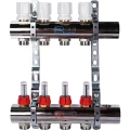 Коллектор LUXOR CD 477/4 G1″ х G3/4″ Ду25 Ру10 распределительный в сборе с расходомерами, корпус - никелированная латунь, 4 отвода