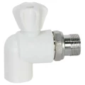 Кран шаровой для радиатора Политэк 999902 25х1/2″ Дн25x15 Ру25 угловой стандартнопроходной, PP-R, под приварку/наружная резьба, управление кран-букса