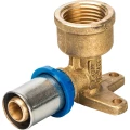 Угольник Prandelli Multyrama Дн20х1/2″ Ру10 90 градусов, универсальный, для металлопластиковых труб прессовой, внутренняя резьба, с креплением, латунный, никелированный