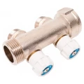 Коллектор РосТурПласт 1″x3/4″x2 Ду25 Ру10 с вентилями, наружная резьба, корпус - латунь, покрытие - никель