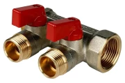 Коллектор STOUT SMB 6210 3/4″-1/2″ Ру10 с шаровыми кранами, красные ручки, корпус- никелированная латунь, 2 отвода