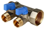 Коллектор STOUT SMB 6211 3/4″-1/2″ Ру10 с шаровыми кранами, синие ручки, корпус- никелированная латунь, 2 отвода