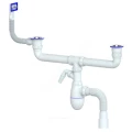 Сифон для кухонной мойки с двумя чашами бутылочный Unicorn B747V 1 1/2″х40 с гибким переливом, с гофрой 40Х40/50, с отводом (штуцером), с нержавеющей решеткой