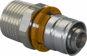 Штуцер Uponor S-Press Дн16х1/2″ Ру10, пресс / наружная резьба, корпус - латунь луженая, пресс гильза - алюминий, для металлопластиковых труб