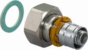 Штуцер Uponor S-Press Дн16х1/2″ Ру10, пресс / накидная гайка, корпус - латунь луженая, пресс гильза - алюминий, для металлопластиковых труб