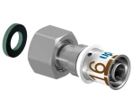 Штуцер Uponor S-Press Plus Дн20х1/2″ Ру10, пресс / накидная гайка, корпус - латунь коррозионностойкая, пресс гильза - нержавеющая сталь, для металлопластиковых труб