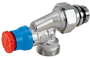 Клапан термостатический Giacomini R415TG 1/2″ Ду15 Ру10 угловой осевой, хромированный, отвод с герметичной прокладкой, x 16, присоединение - наружная резьба, корпус - латунь