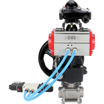 Кран шаровой DN.ru BV3232P(3pc)-FP-W-ISO-H Ду50 Ру40 полнопроходной под приварку, корпус - нержав.сталь 316, уплотнение - PTFE, с пн.приводом PA-DA-083, пн.распределителем 4V320-08 220В, БКВ APL-210N и ручным дублером MON2-450-T28-ISO