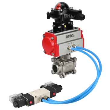 Кран шаровой DN.ru BV3232P(3pc)-FP-W-ISO-H Ду40 Ру40 полнопроходной под приварку, корпус - нержавеющая сталь 316, уплотнение - PTFE, с пневмоприводом PA-DA-083 и пневмораспределителем 4V320-08 220В и БКВ APL-210N