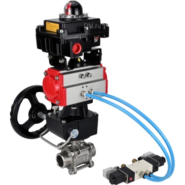 Кран шаровой DN.ru BV3232P(3pc)-FP-W-ISO-H Ду40 Ру40 полнопроходной под приварку, корпус - нержавеющая сталь 316, уплотнение - PTFE, с пневмоприводом PA-DA-083, пневмораспределителем 4V320-08 220В, БКВ APL-410N EX и ручным дублером MON2-450-T28-ISO