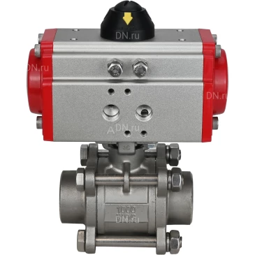 Кран шаровой DN.ru BV3232P(3pc)-FP-W-ISO-H Ду25 Ру63 полнопроходной под приварку, корпус - нержавеющая сталь 316, уплотнение - PTFE, с пневмоприводом PA-SA-083