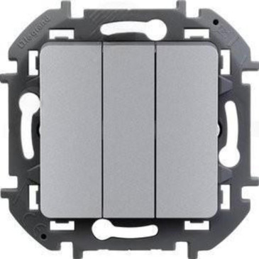 Выключатель трехклавишный Legrand INSPIRIA скрытой установки, номинальный ток - 10 А, степень защиты IP20, цвет - алюминий