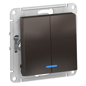 Выключатель двухклавишный Systeme Electric AtlasDesign скрытой установки с подсветкой, номинальный ток - 10 А, степень защиты IP20, цвет - мокко