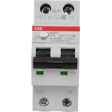 Автоматический выключатель дифференциального тока двухполюсный ABB DS201 C10 AC30 1P+N 10 А, ток утечки 30 мА переменный, сила тока 10 А