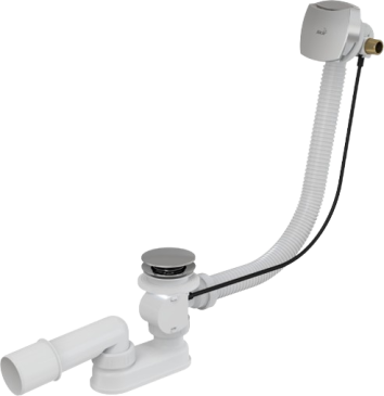 Сифон для ванны плоский Alca Plast A566-273133-100 Дн40x1 1/2″ полуавтоматический, подключение к канализации 40/50 мм, выпуск для ванной 1 1/2″ с переходной трубкой 10°, длина перелива 1000 мм