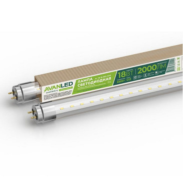 Лампа светодиодная AVANLED AL T8 прозрачная, мощность - 18 Вт, цоколь - G13, световой поток - 2000 лм, цветовая температура - 6500 K, форма - линейная