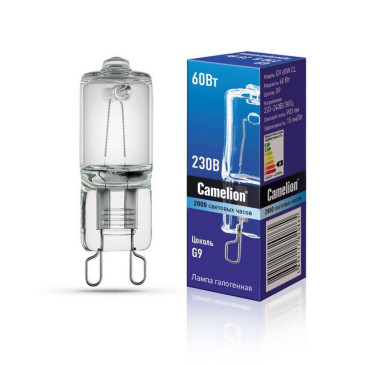Лампа галогенная Camelion G9, мощность - 60 Вт, цоколь - G9, световой поток - 900 лм, цветовая температура - 3000 K, форма - капсульная