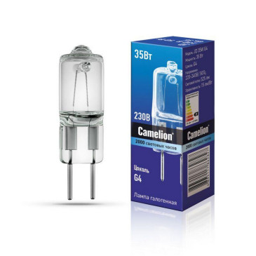 Лампа галогенная Camelion JD, мощность - 35 Вт, цоколь - G4, световой поток - 525 лм, цветовая температура - 3000 K, форма - капсульная