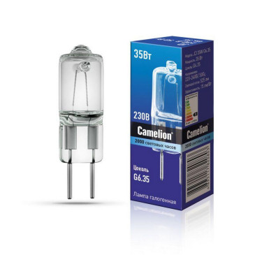 Лампа галогенная Camelion JD, мощность - 35 Вт, цоколь - G6.35, световой поток - 525 лм, цветовая температура - 3000 K, форма - капсульная