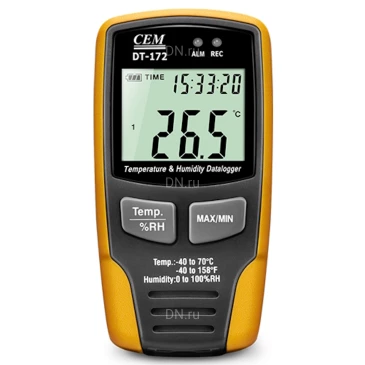 Логгер (регистратор температуры и влажности) CEM DT-172, диапазон измеряемых температур от -20 до +70°C, диапазон измеряемой влажности - 0-100%, напряжение питания - 3.6В