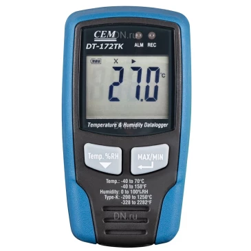 Логгер (регистратор температуры и влажности) CEM DT-172TK, диапазон измеряемых температур от -40 до +70°C, диапазон измеряемой влажности - 0-100%, напряжение питания - 3.6В