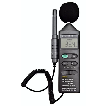 Универсальный прибор экологического контроля CEM DT-8820 4в1, диапазон измеряемых температур от -20 до +750°C, диапазон измеряемой влажности - 25-95%, диапазон уровня освещенности - 0.1-20000лк, диапазон уровня шума - 35-160дБ(А)