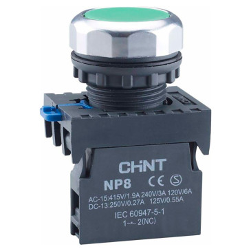 Кнопка CHINT NP8-10BN/3 нажимная плоская, с самовозвратом, контакт 1НО, IP65, цвет – зеленый