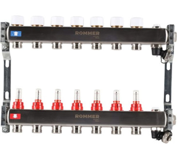 Коллектор стальной ROMMER RMS-1201 с расходомерами, с клапаном выпуска воздуха и сливом, 7 выходов